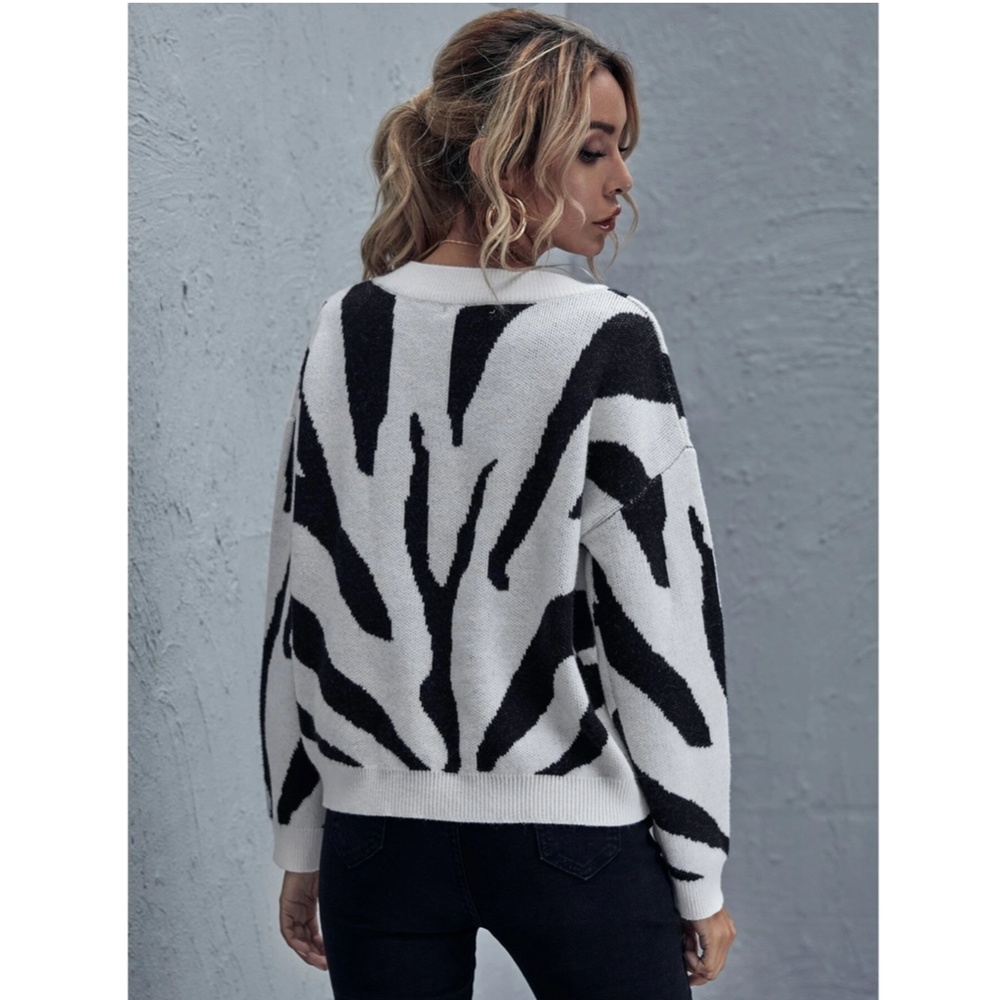 Zebra Stripes Printed V-Neck Sweater White & Black Drop Shoulder Knit - Picture 3 of 6